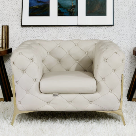 Glam Beige and Gold Tufted Leather Armchair