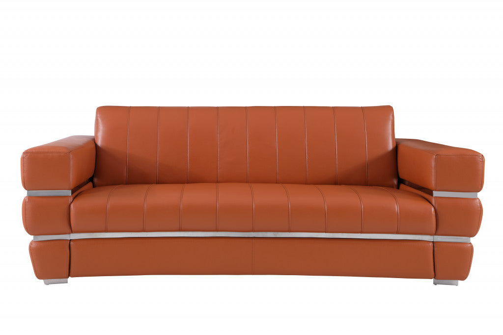 89" Camel And Silver Italian Leather Sofa