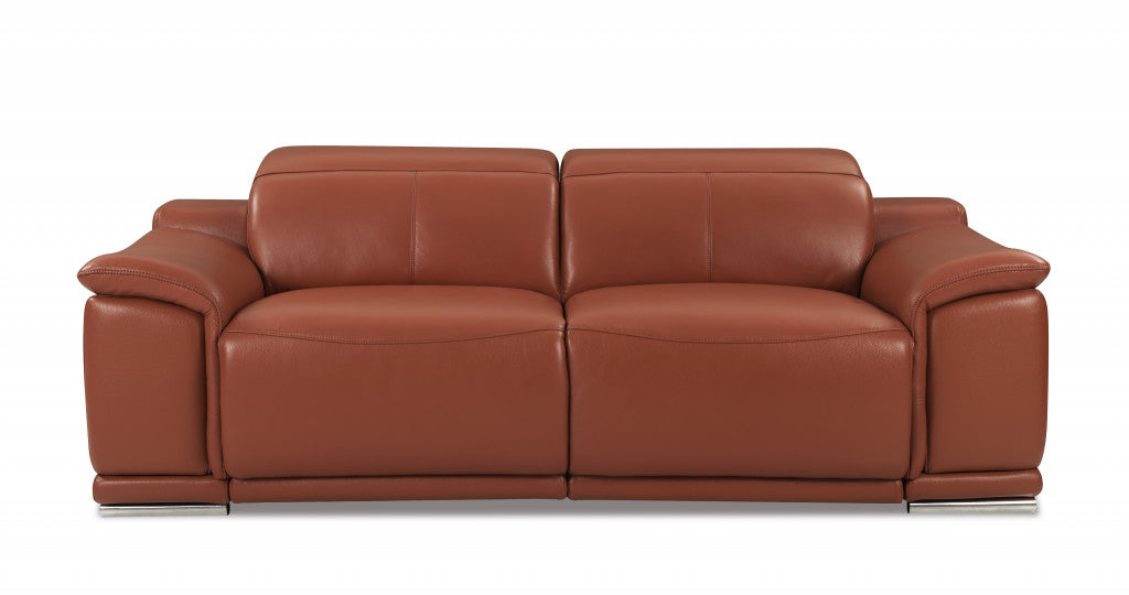 86" Camel And Silver Italian Leather USB Sofa