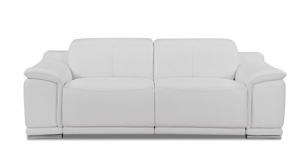 86" White And Silver Italian Leather USB Sofa