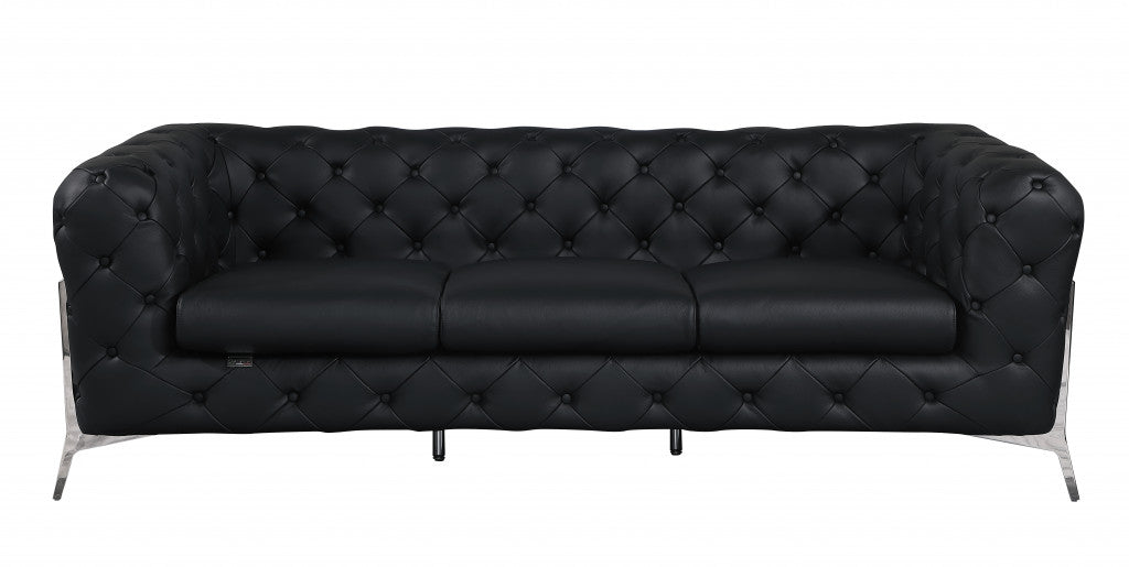 93" Black And Silver Italian Leather Sofa