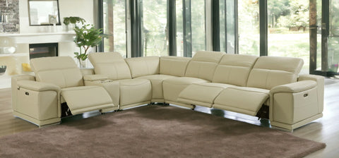 Beige Italian Leather Power Reclining U Shaped Seven Piece Corner Sectional With Console