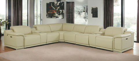 Beige Italian Leather Power Reclining U Shaped Eight Piece Corner Sectional With Console