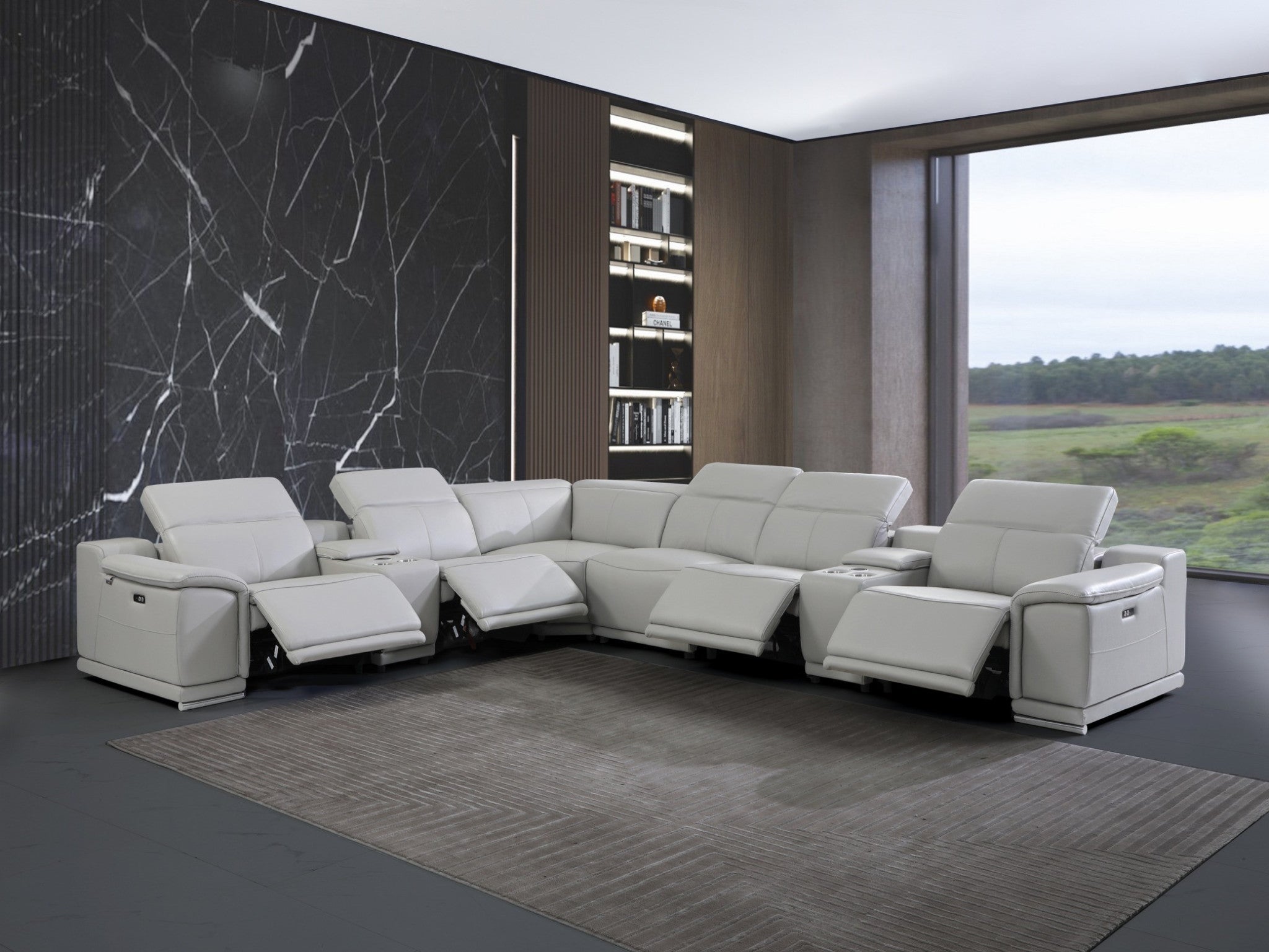 Light Gray Italian Leather Power Reclining U Shaped Eight Piece Corner Sectional With Console