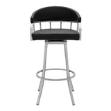 30" Black And Silver Faux Leather And Iron Swivel Low Back Bar Height Bar Chair