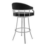 30" Black And Silver Faux Leather And Iron Swivel Low Back Bar Height Bar Chair