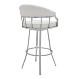 30" White And Silver Faux Leather And Iron Swivel Low Back Bar Height Bar Chair