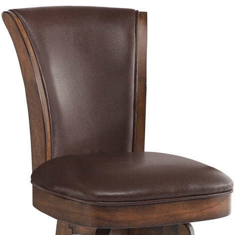 26" Brown And Chestnut Faux Leather And Solid Wood Swivel Counter Height Bar Chair