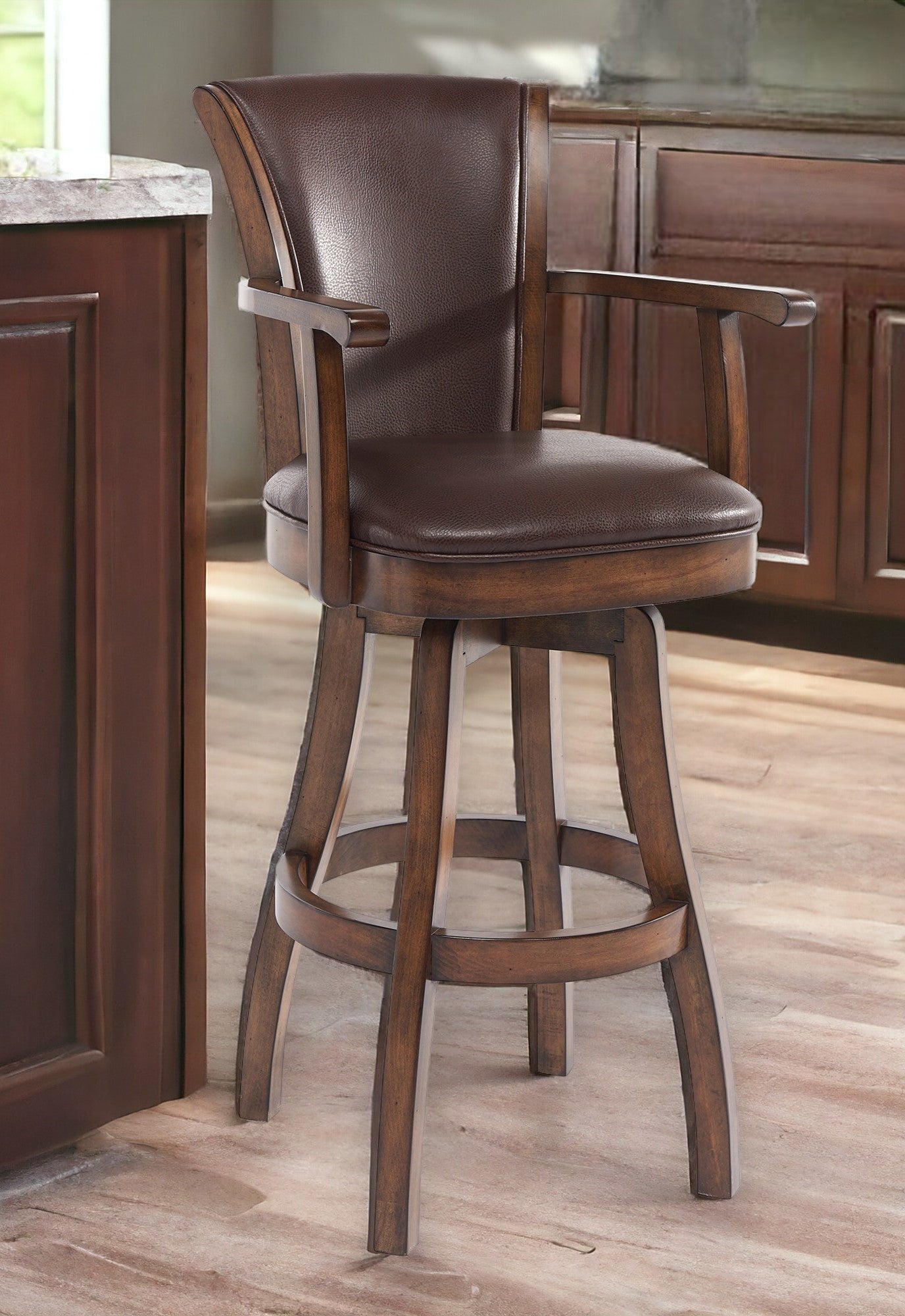 26" Brown And Chestnut Faux Leather And Solid Wood Swivel Counter Height Bar Chair