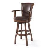 26" Brown And Chestnut Faux Leather And Solid Wood Swivel Counter Height Bar Chair