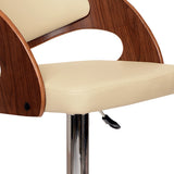 24" Cream And Brown Faux Leather And Solid Wood Swivel Low Back Adjustable Height Bar Chair