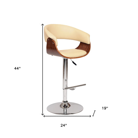 24" Cream And Silver Faux Leather And Solid Wood Swivel Low Back Adjustable Height Bar Chair