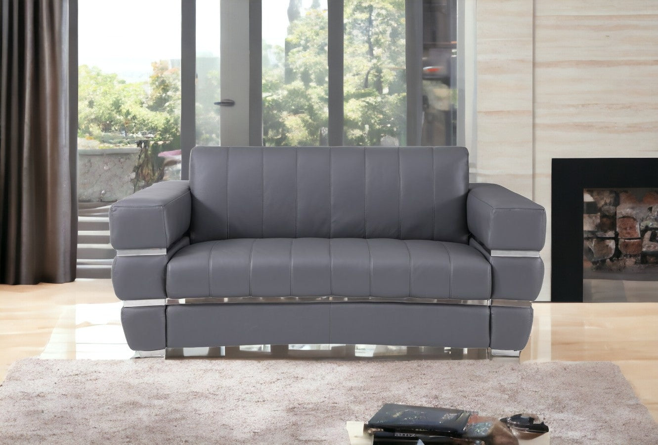 75" Gray And Silver Italian Leather Loveseat
