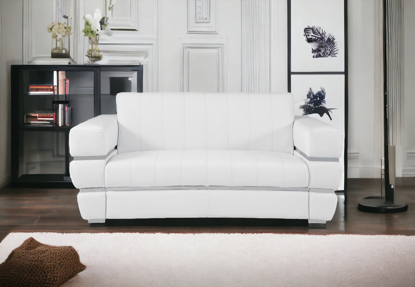 75" White And Silver Italian Leather Loveseat