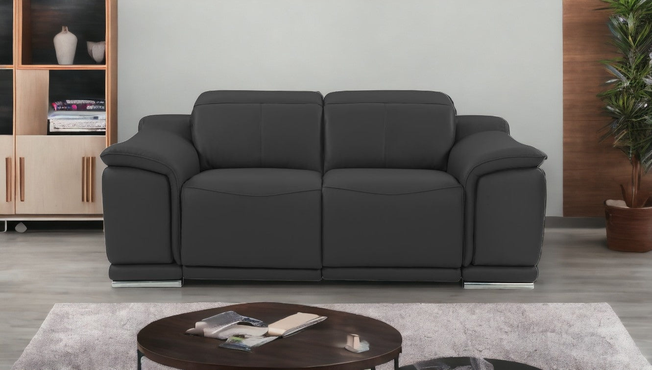 72" Gray And Silver Italian Leather Power Reclining Loveseat