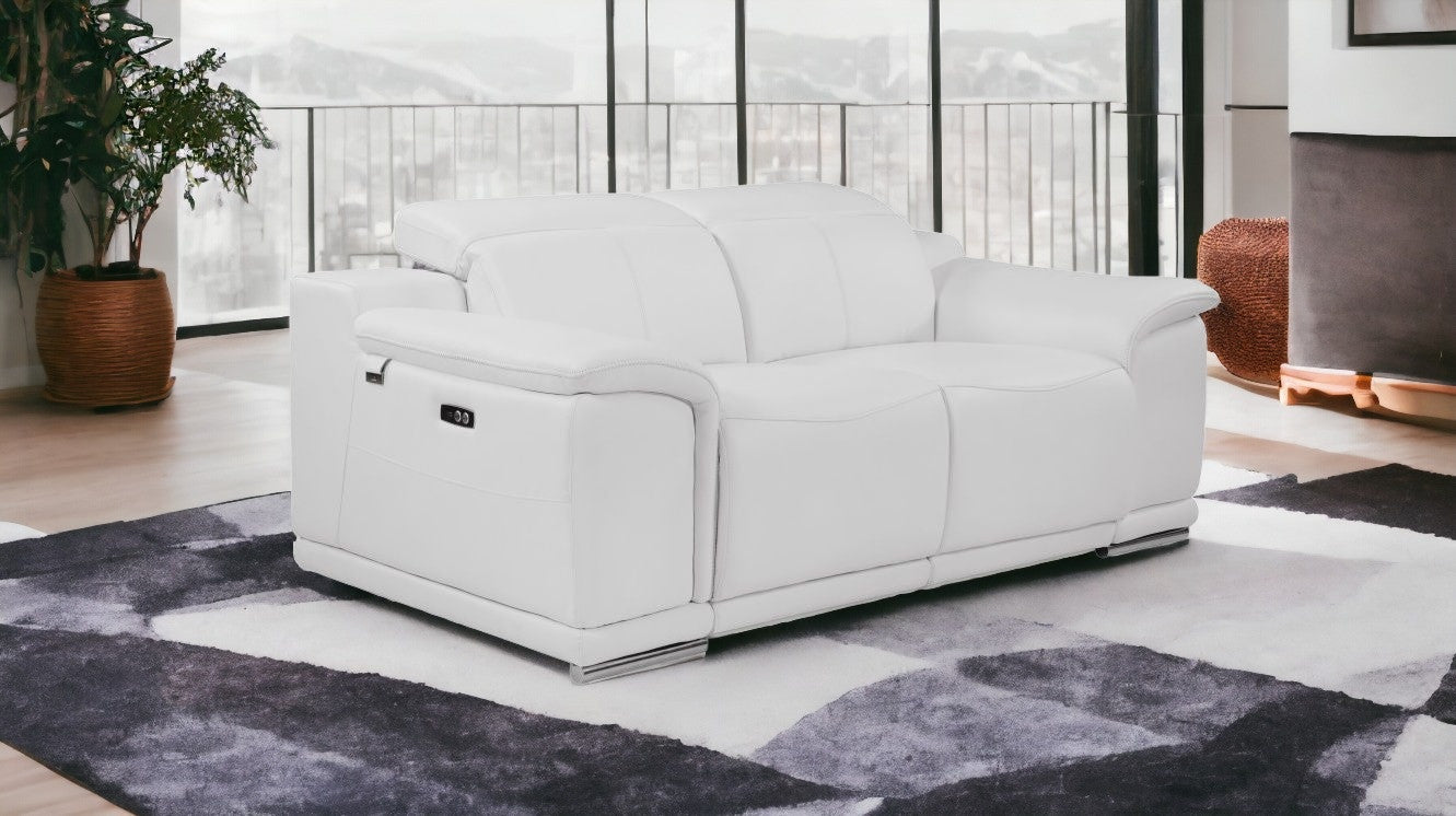 72" White And Silver Italian Leather Power Reclining Loveseat