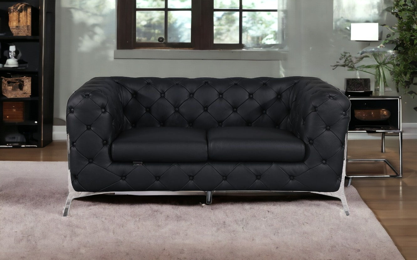 69" Black And Silver Italian Leather Loveseat