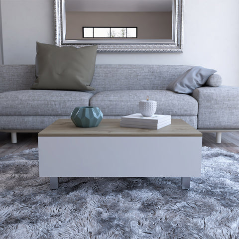 32" White And Light Oak Manufactured Wood Rectangular Lift Top Coffee Table With Drawer And Shelf