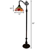 74" Brown Traditional Shaped Floor Lamp With Blue Red And Yellow Flowers Stained Glass Dome Shade