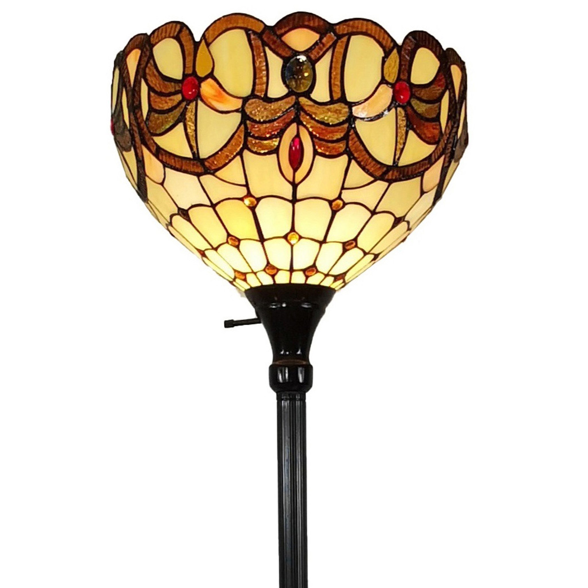 62" Brown Traditional Shaped Floor Lamp With White And Brown Stained Glass Bowl Shade