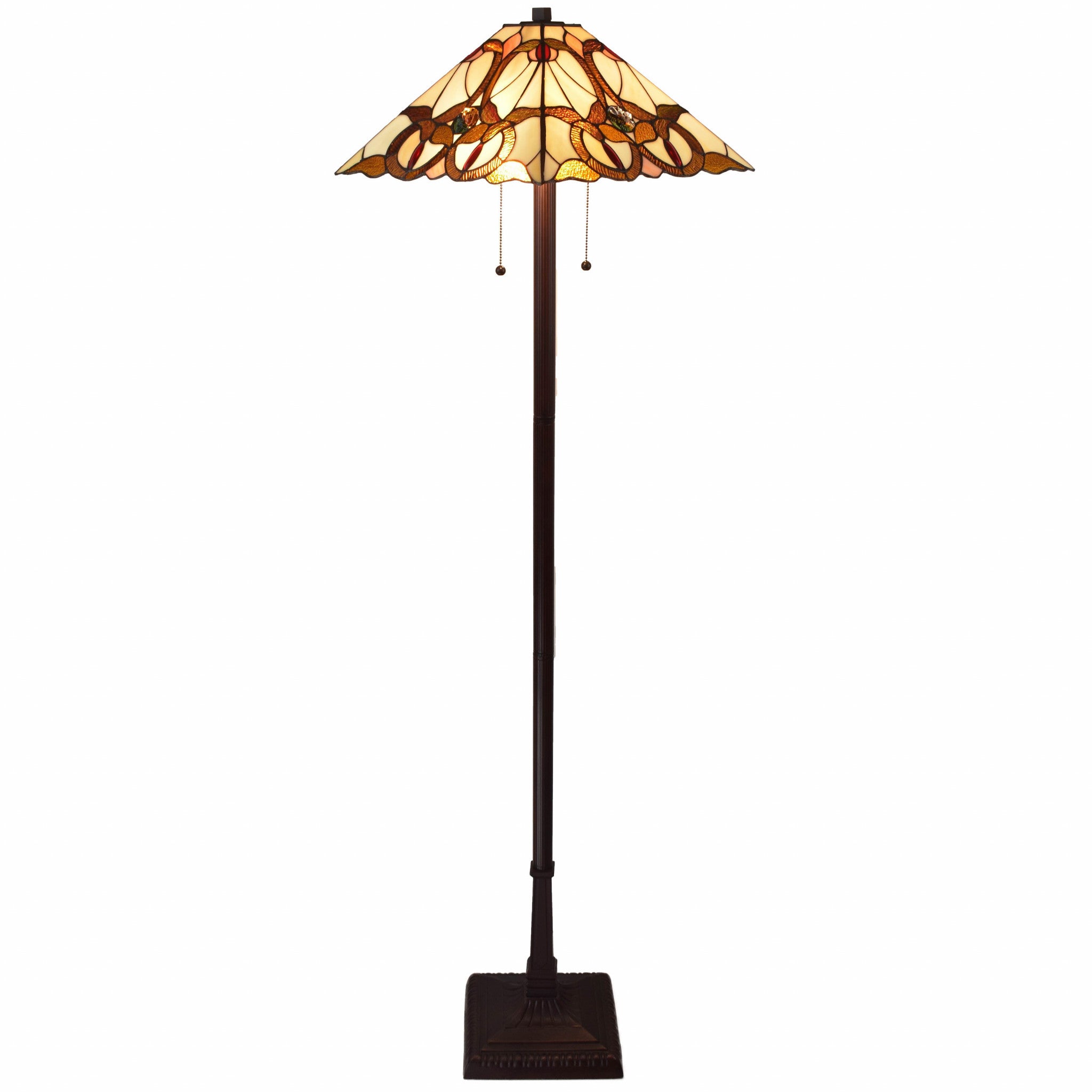 62" Brown Two Lights Traditional Shaped Floor Lamp With Brown And White Stained Glass Cone Shade