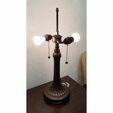 23" Dark Brown Metal Two Light Candlestick Table Lamp With Red and Black Shade