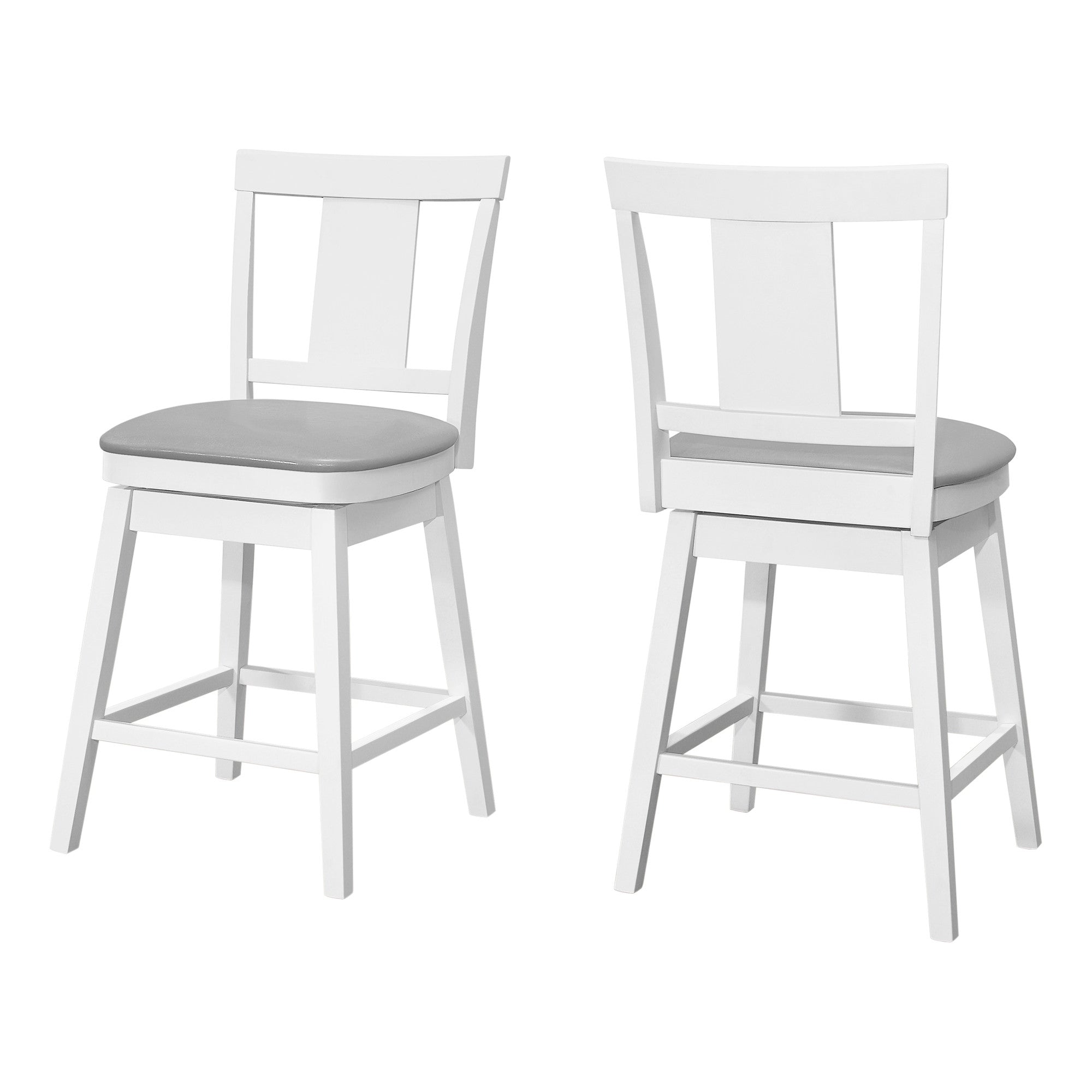 Set of Two 23" Gray And White Faux Leather And Solid Wood Swivel Counter Height Bar Chairs