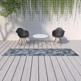 2' X 12' Ivory And Navy Floral Non Skid Indoor Outdoor Runner Rug