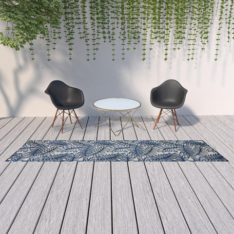 2' X 12' Ivory And Navy Floral Non Skid Indoor Outdoor Runner Rug