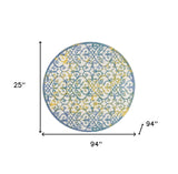 8' X 8' Ivory And Blue Round Damask Non Skid Indoor Outdoor Area Rug