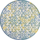 8' X 8' Ivory And Blue Round Damask Non Skid Indoor Outdoor Area Rug