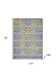 10' X 13' Ivory And Blue Damask Non Skid Indoor Outdoor Area Rug