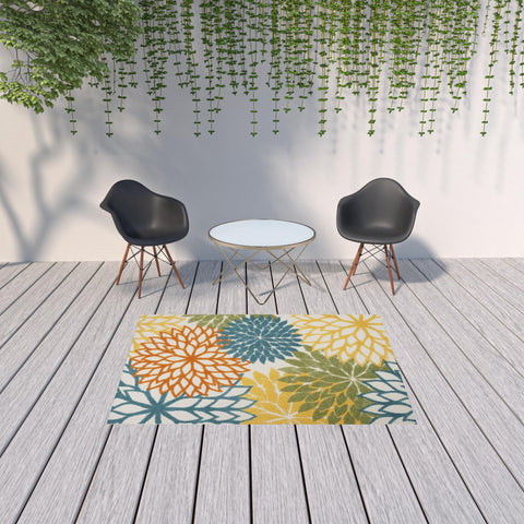 5' X 7' Turquoise Floral Non Skid Indoor Outdoor Area Rug