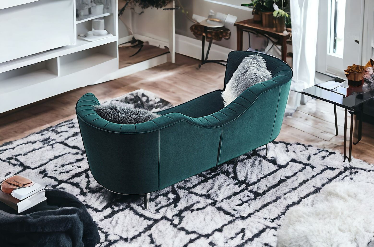 83" Green Two Person Curved Metal Legs Sofa Chaise