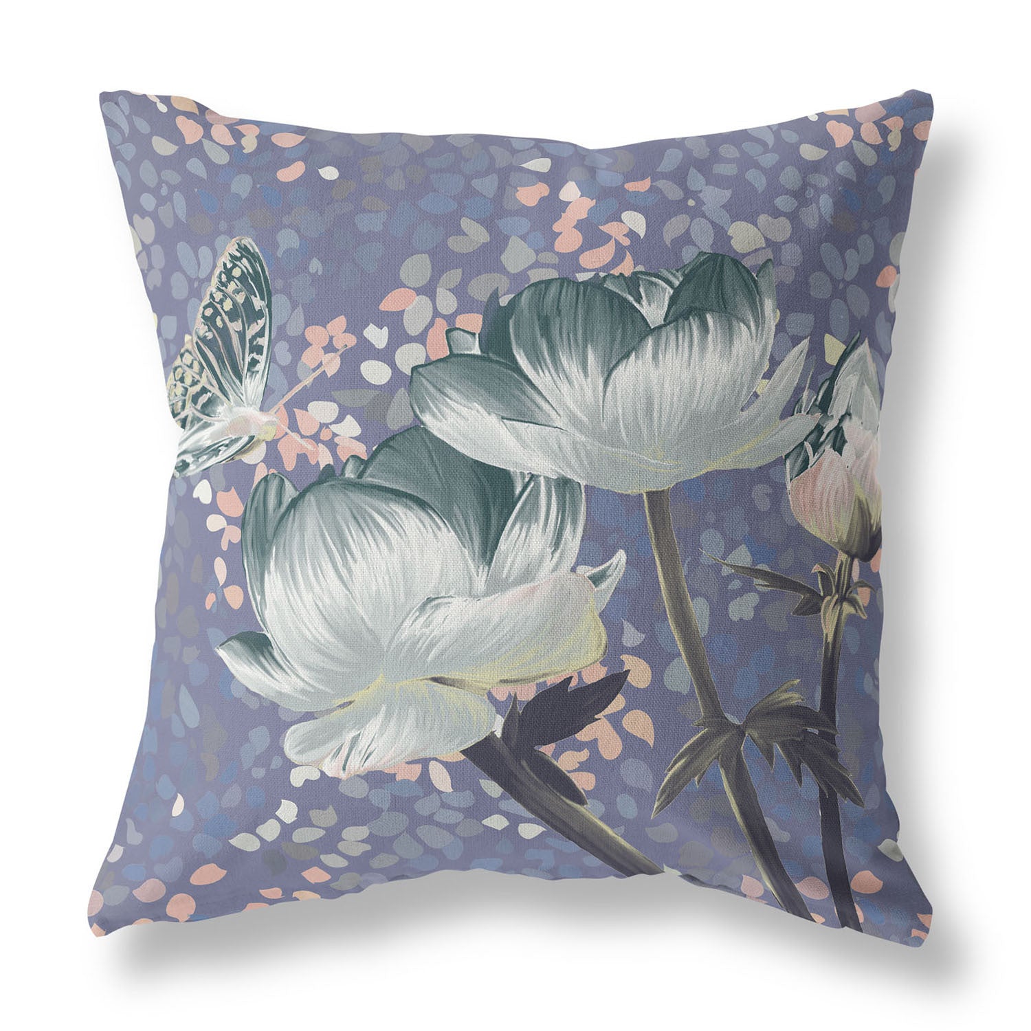 16" X 16" Dark Blue And Grey Blown Seam Floral Indoor Outdoor Throw Pillow