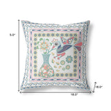 18" X 18" White And Grey Bird Blown Seam Floral Indoor Outdoor Throw Pillow