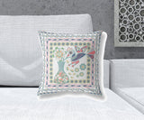 18" X 18" White And Grey Bird Blown Seam Floral Indoor Outdoor Throw Pillow