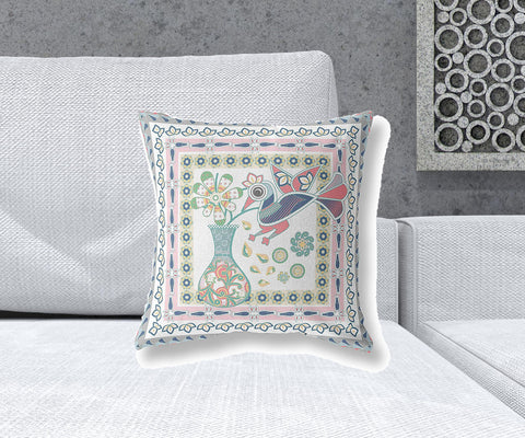 18" X 18" White And Grey Bird Blown Seam Floral Indoor Outdoor Throw Pillow