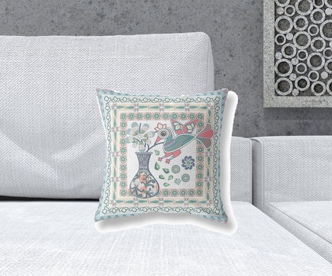 16" X 16" White And Blue Bird Blown Seam Abstract Indoor Outdoor Throw Pillow