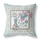 26" X 26" White And Blue Bird Blown Seam Floral Indoor Outdoor Throw Pillow