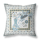 16" X 16" White And Blue Bird Blown Seam Abstract Indoor Outdoor Throw Pillow