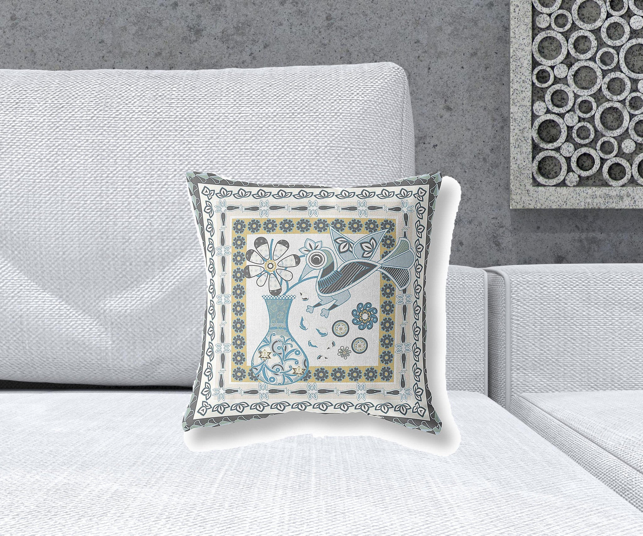 16" X 16" White And Blue Bird Blown Seam Abstract Indoor Outdoor Throw Pillow