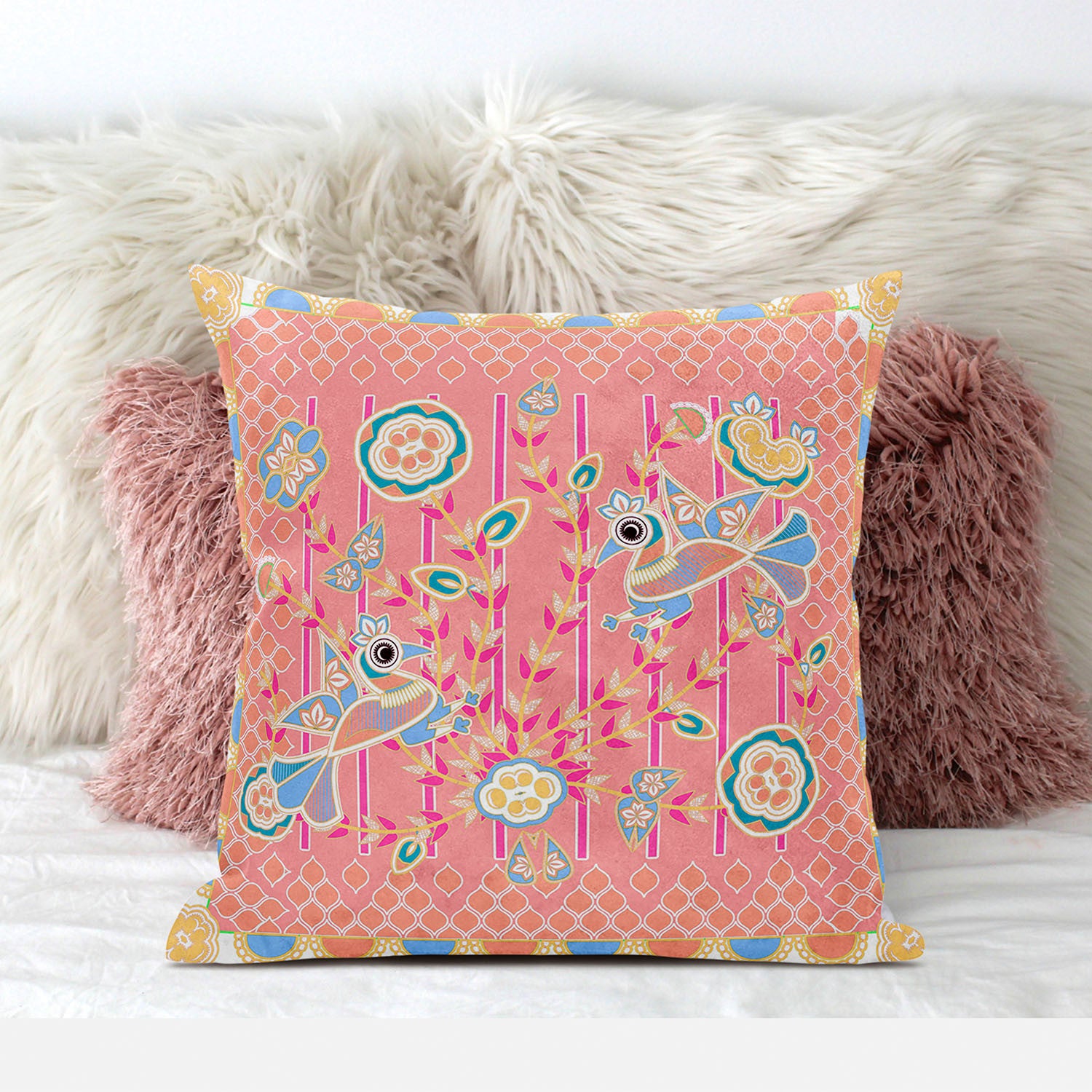 18" X 18" Peach And Blue Bird Blown Seam Floral Indoor Outdoor Throw Pillow