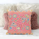 18" X 18" Peach And Blue Bird Blown Seam Floral Indoor Outdoor Throw Pillow