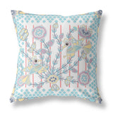 18" X 18" White And Yellow Bird Blown Seam Floral Indoor Outdoor Throw Pillow