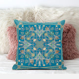 16" X 16" Aqua And Gold Blown Seam Floral Indoor Outdoor Throw Pillow