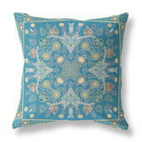 16" X 16" Aqua And Gold Blown Seam Floral Indoor Outdoor Throw Pillow