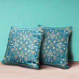 16" X 16" Aqua And Gold Blown Seam Floral Indoor Outdoor Throw Pillow