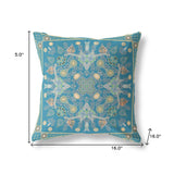 16" X 16" Aqua And Gold Blown Seam Floral Indoor Outdoor Throw Pillow