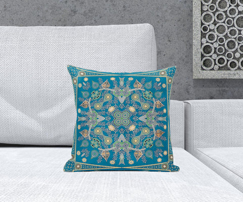 16" X 16" Aqua And Gold Blown Seam Floral Indoor Outdoor Throw Pillow